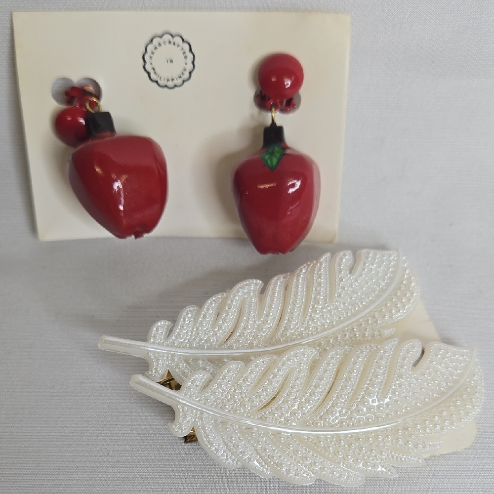 Apple Clip On Earrings and‎ Feather Hair Clips Bundle